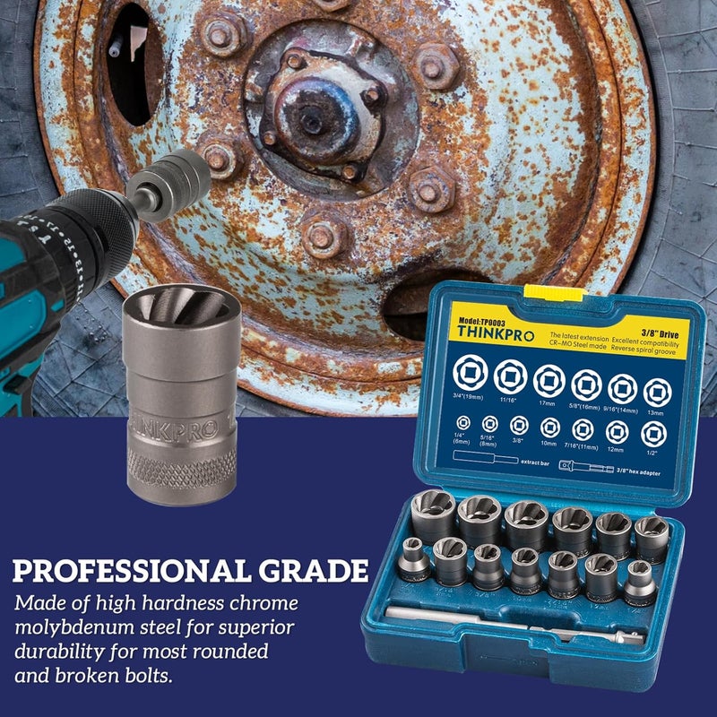 Thinkpro Upgraded 15 Piece Bolt Extractor Kit,Impact Bolt Socket Set for Damaged, Stripped, Rusted Bolts & Nuts Remover,SAE & Metric Sizes,Cr-Mo Steel - Image 5